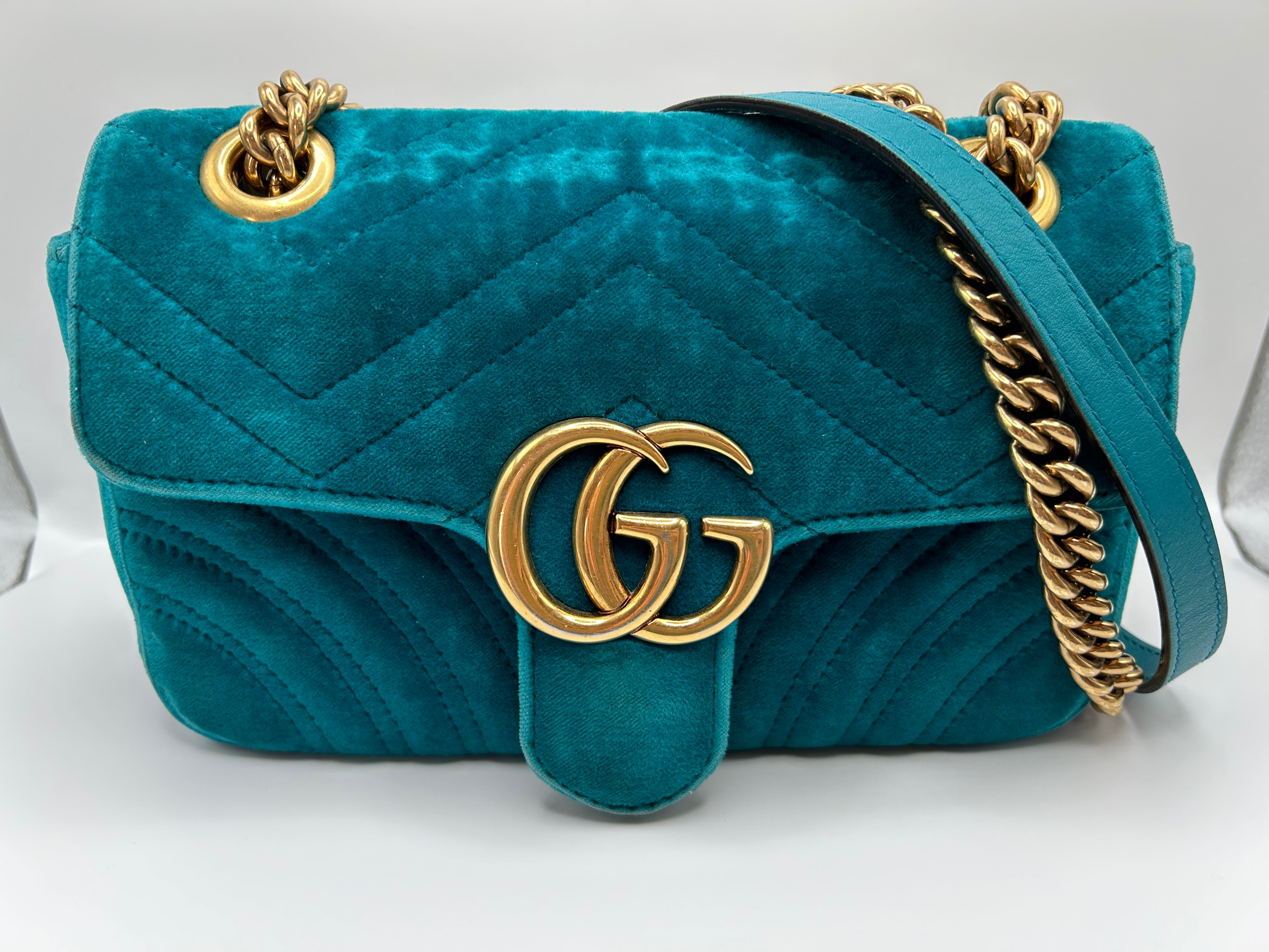 Gucci GG Marmont Small Velvet Shoulder Bag Turquoise 443497