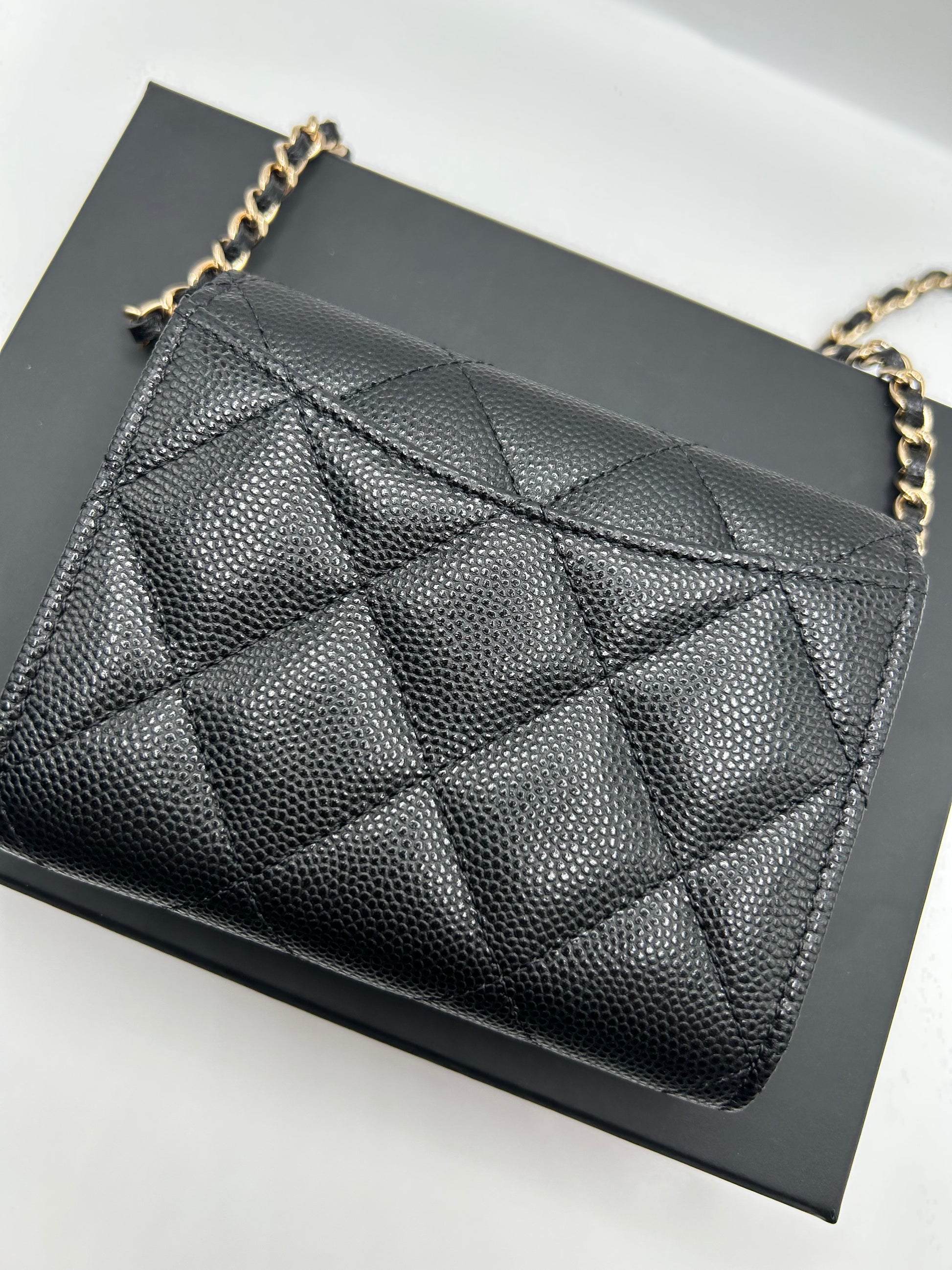 Chanel Woc Black Caviar Quilted Mini Wallet on Chain Crossbody w/ Box & Card