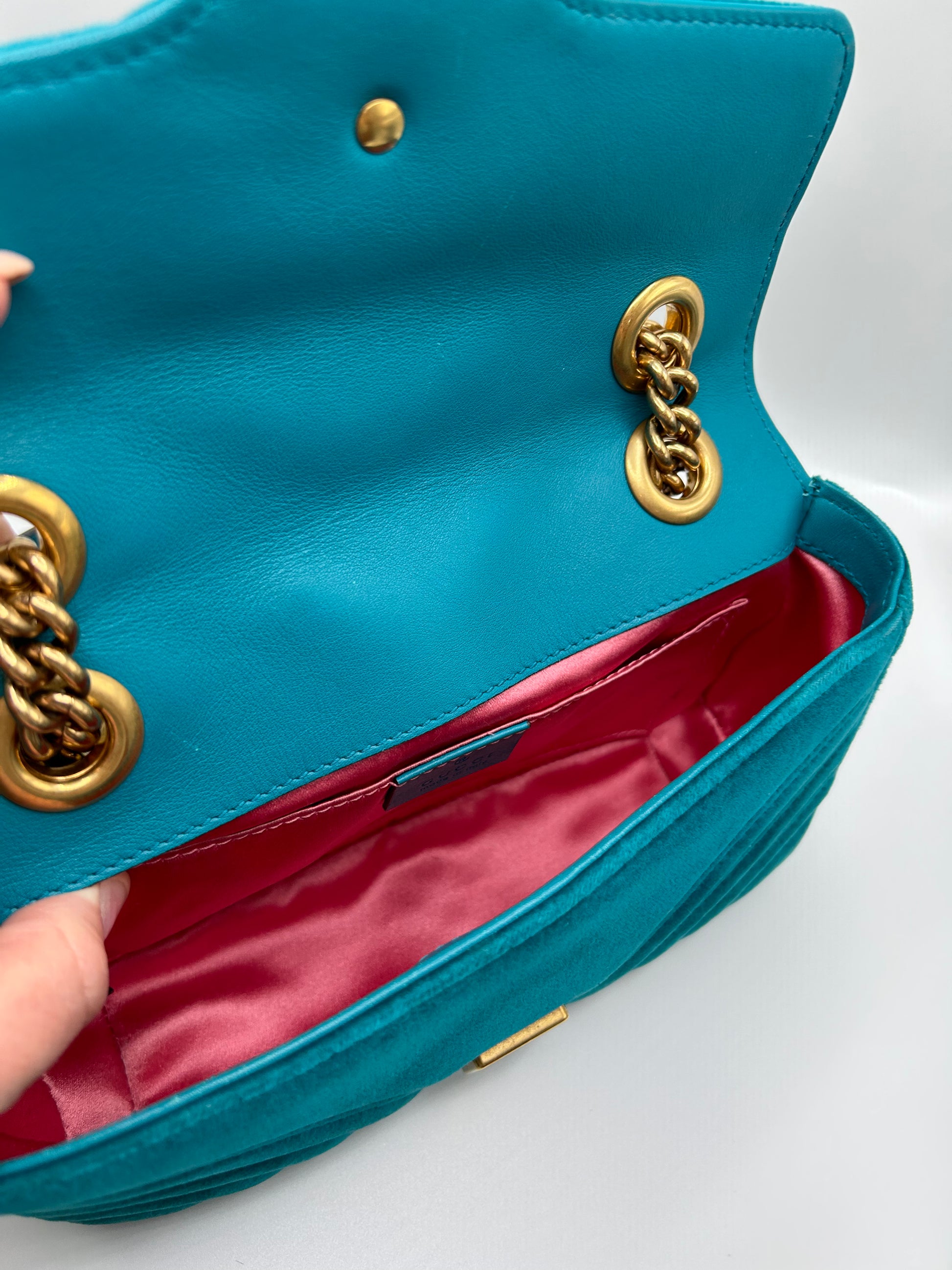 Gucci Marmont Velvet Turquoise Mini – Preloved Luxe
